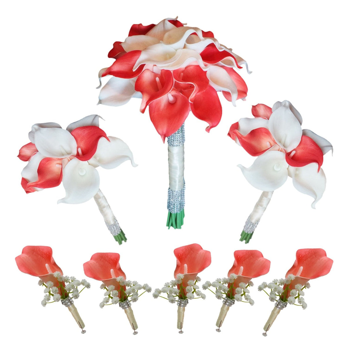 Calla Lily Bouquets Coral and White Wedding Flowers Corsages - VANRINA