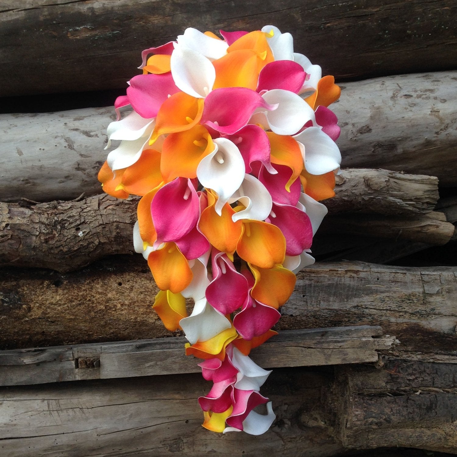 Calla Lily Cascade Bouquet for Bride Orange Fuchsia - VANRINA