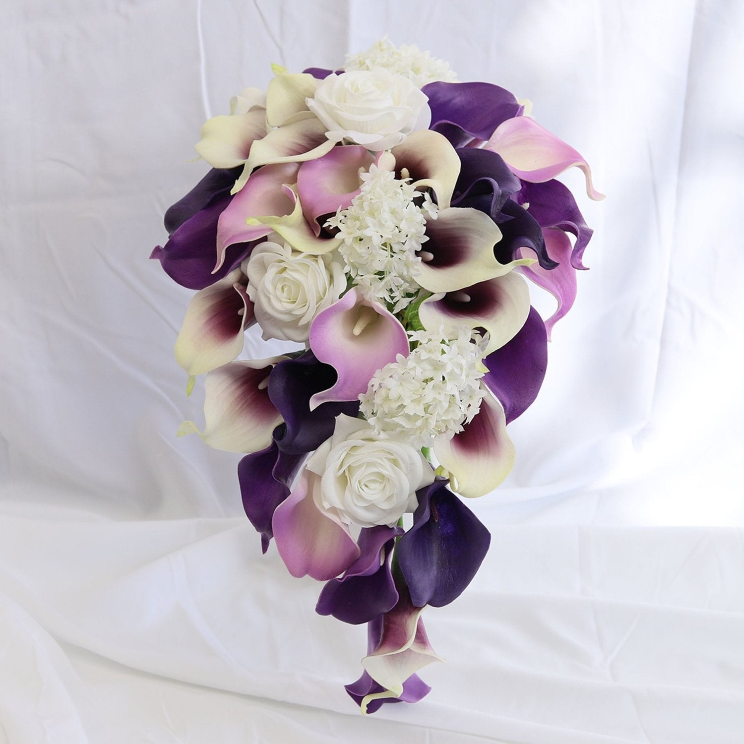 Cascade Bouquet Plum Purple Calla Lily White Rose Wedding Bouquets - VANRINA