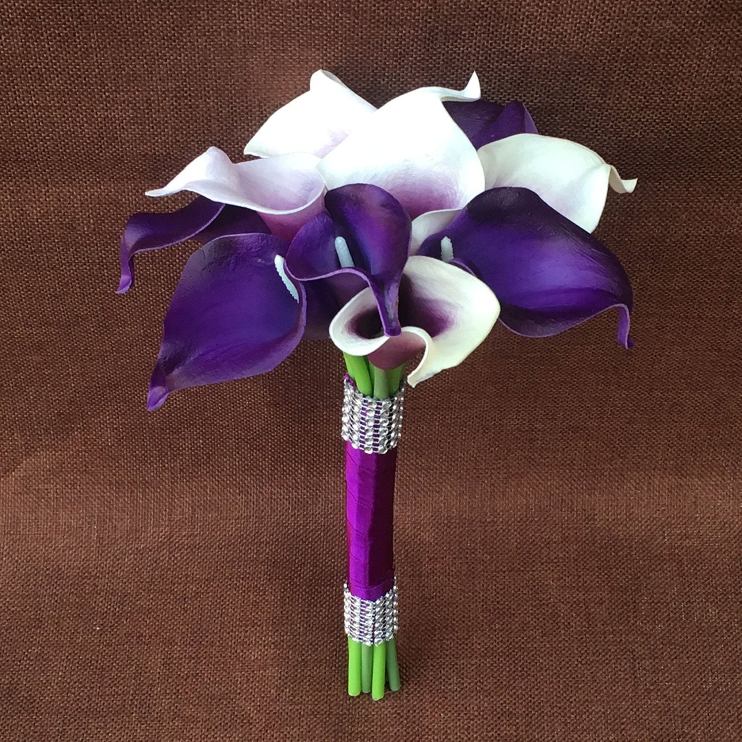 Cascade Bouquet Plum Purple Calla Lily White Rose Wedding Bouquets - VANRINA