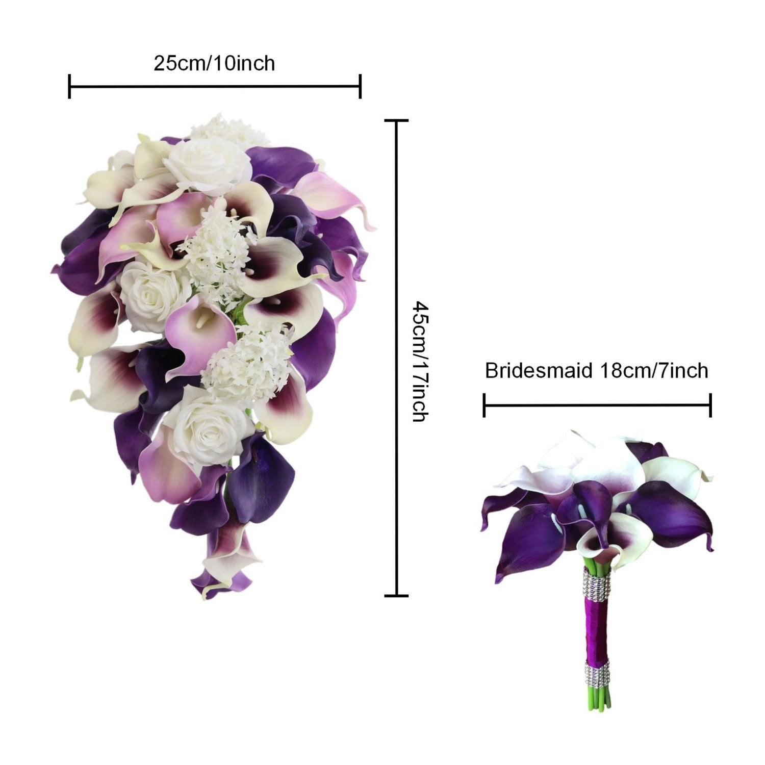 Cascade Bouquet Plum Purple Calla Lily White Rose Wedding Bouquets - VANRINA