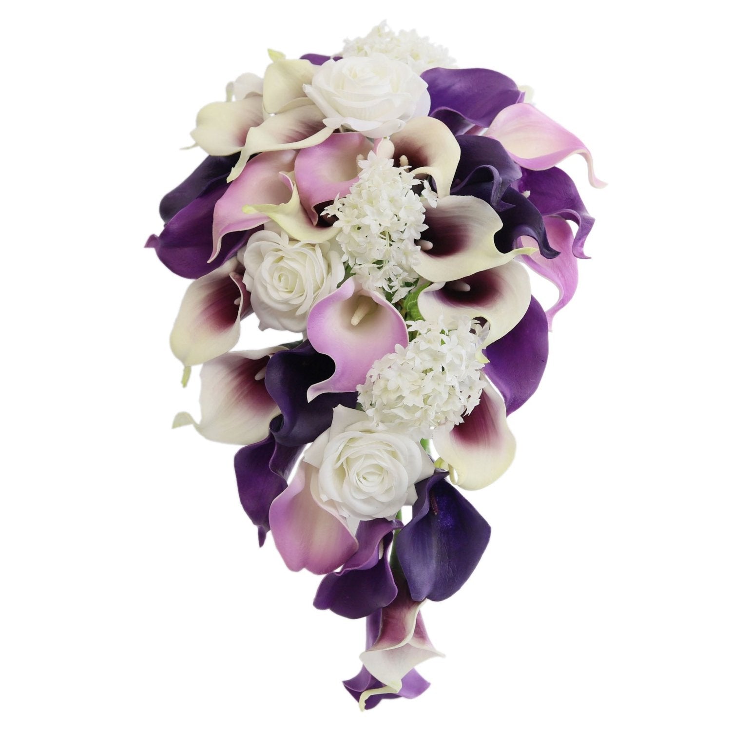 Cascade Bouquet Plum Purple Calla Lily White Rose Wedding Bouquets - VANRINA