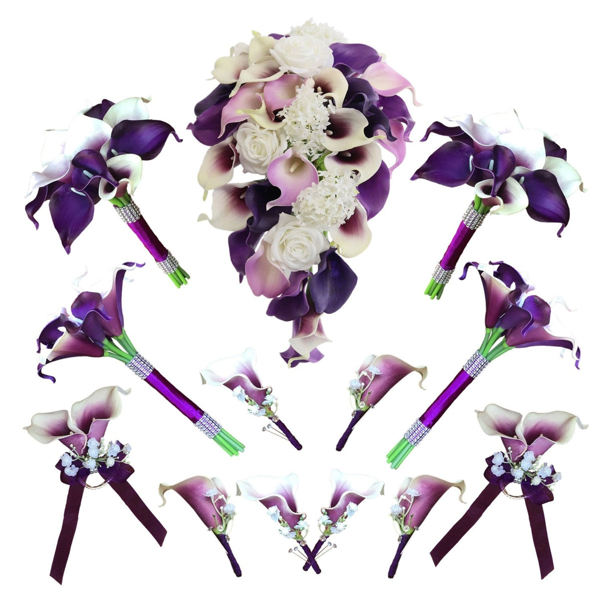 Cascade Bouquet Plum Purple Calla Lily White Rose Wedding Bouquets - VANRINA