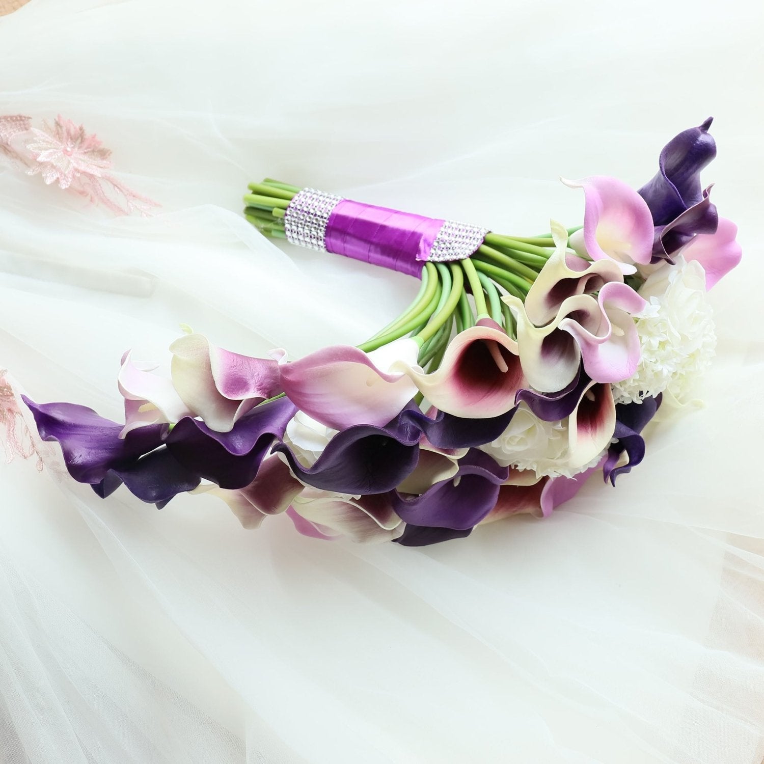 Cascade Bouquet Plum Purple Calla Lily White Rose Wedding Bouquets - VANRINA