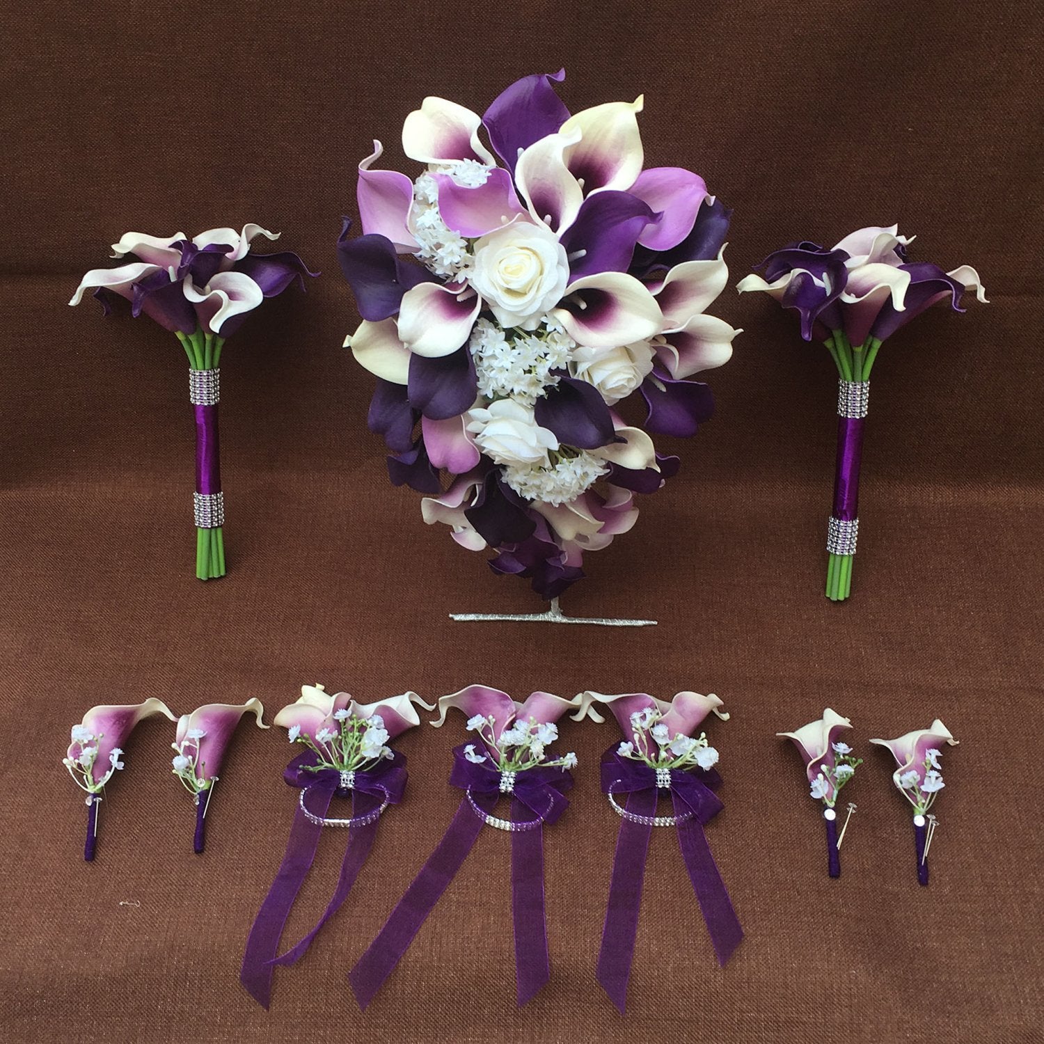 Cascade Bouquet Plum Purple Calla Lily White Rose Wedding Bouquets - VANRINA