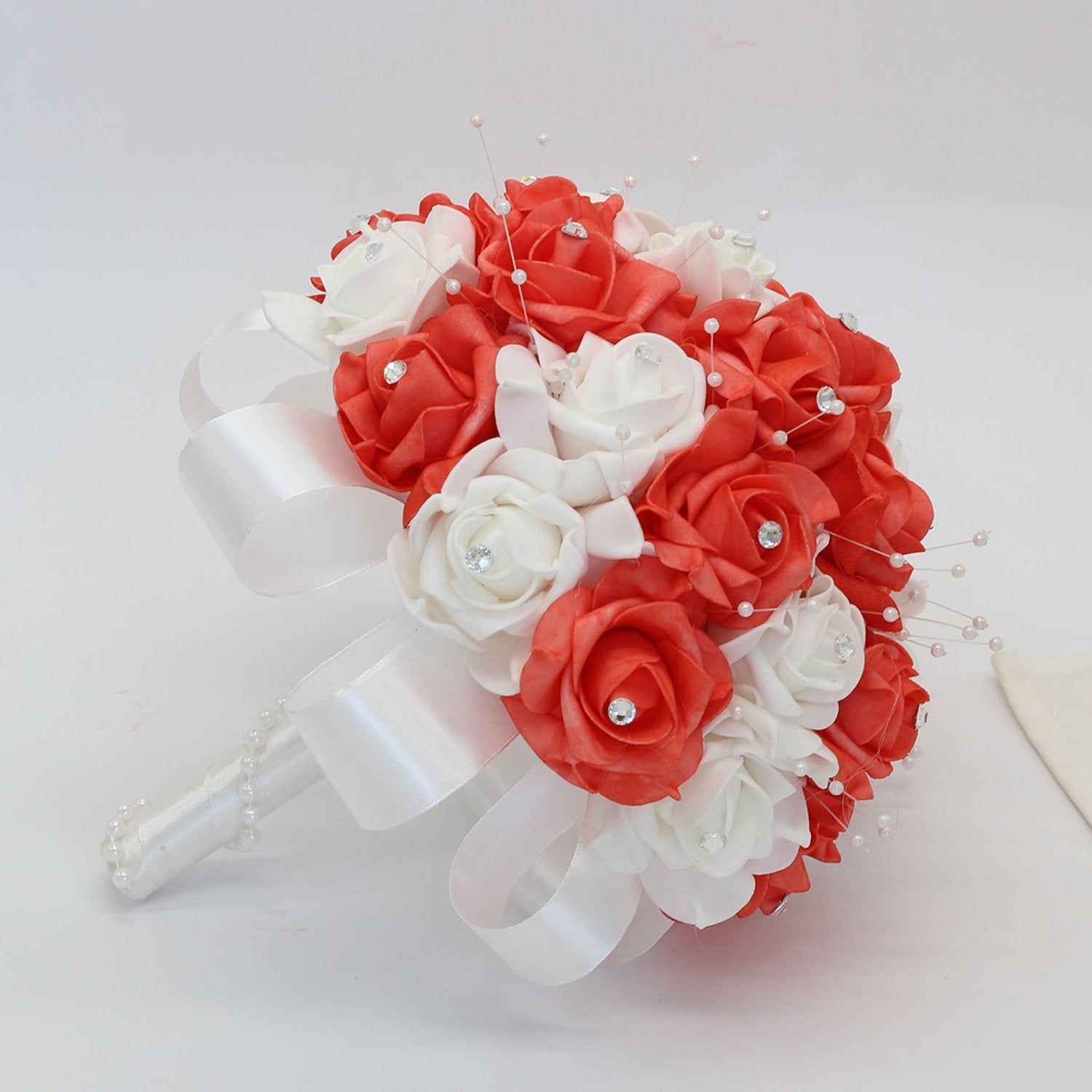 Coral Rose Wedding Bouquet Faux Pearls - VANRINA