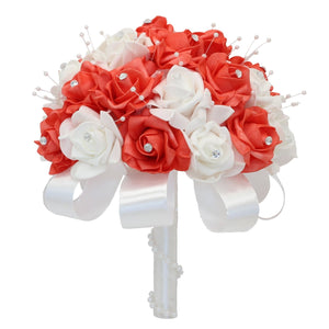 Coral Rose Wedding Bouquet Faux Pearls - VANRINA