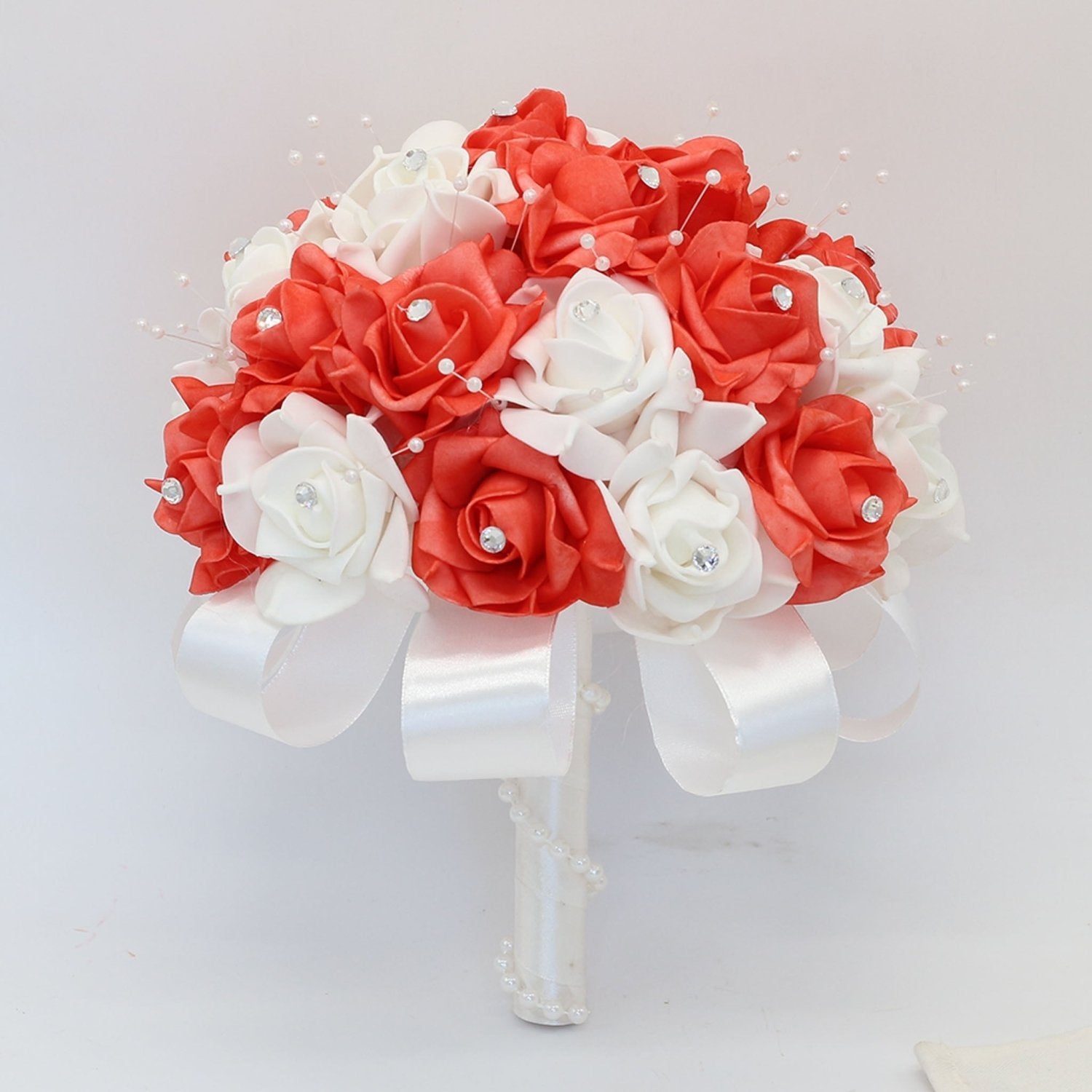 Coral Rose Wedding Bouquet Faux Pearls - VANRINA