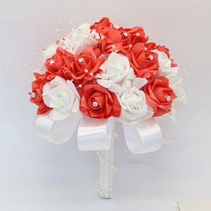 Coral Rose Wedding Bouquet Faux Pearls - VANRINA