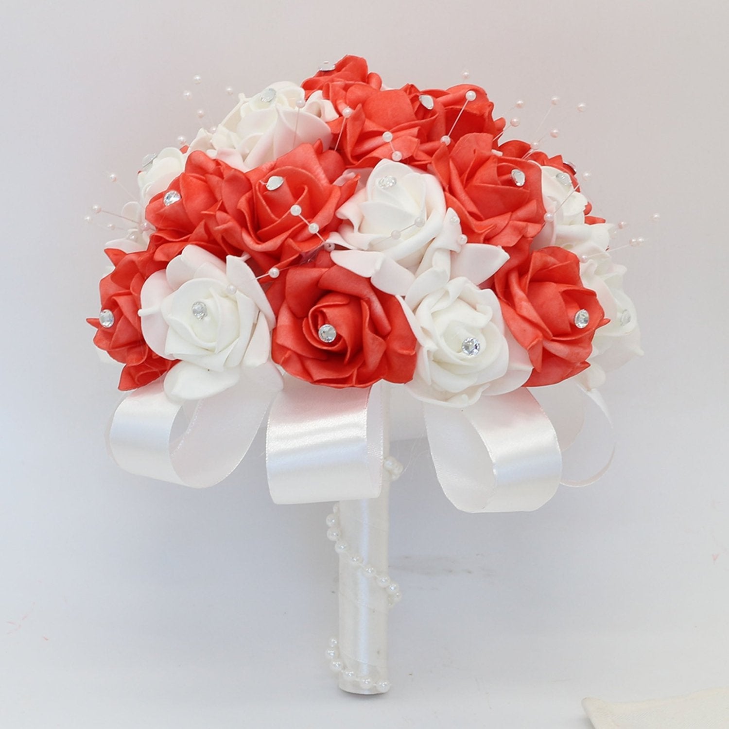 Coral Rose Wedding Bouquet Faux Pearls - VANRINA