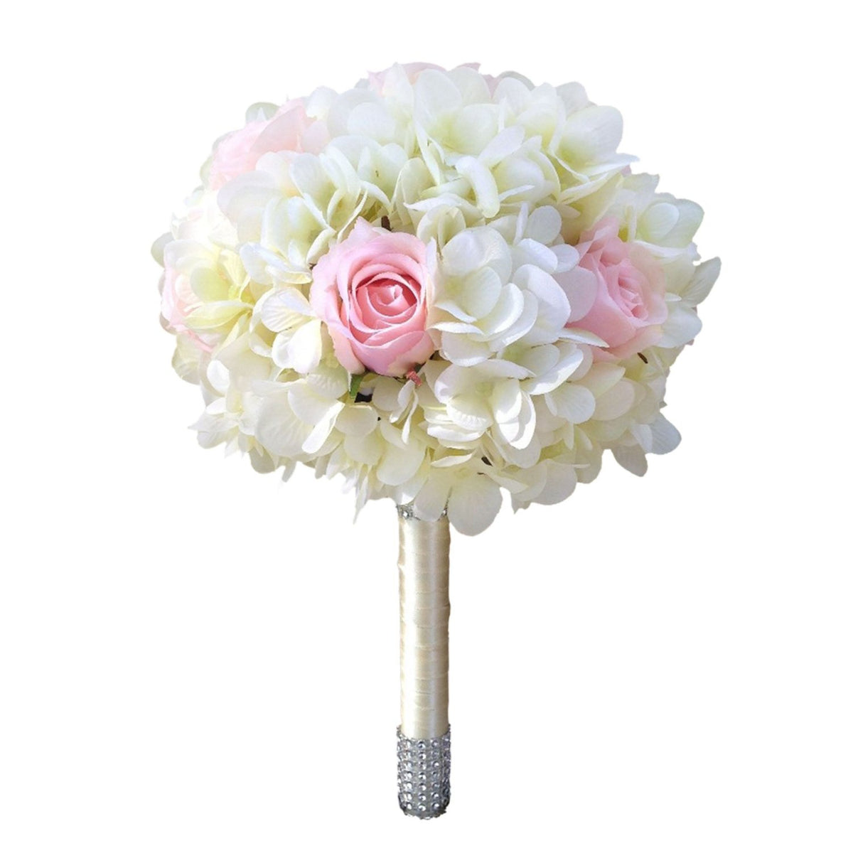 Cream White Hydrangea Wedding Bouquet Pink Rose Bridal Flowers - VANRINA