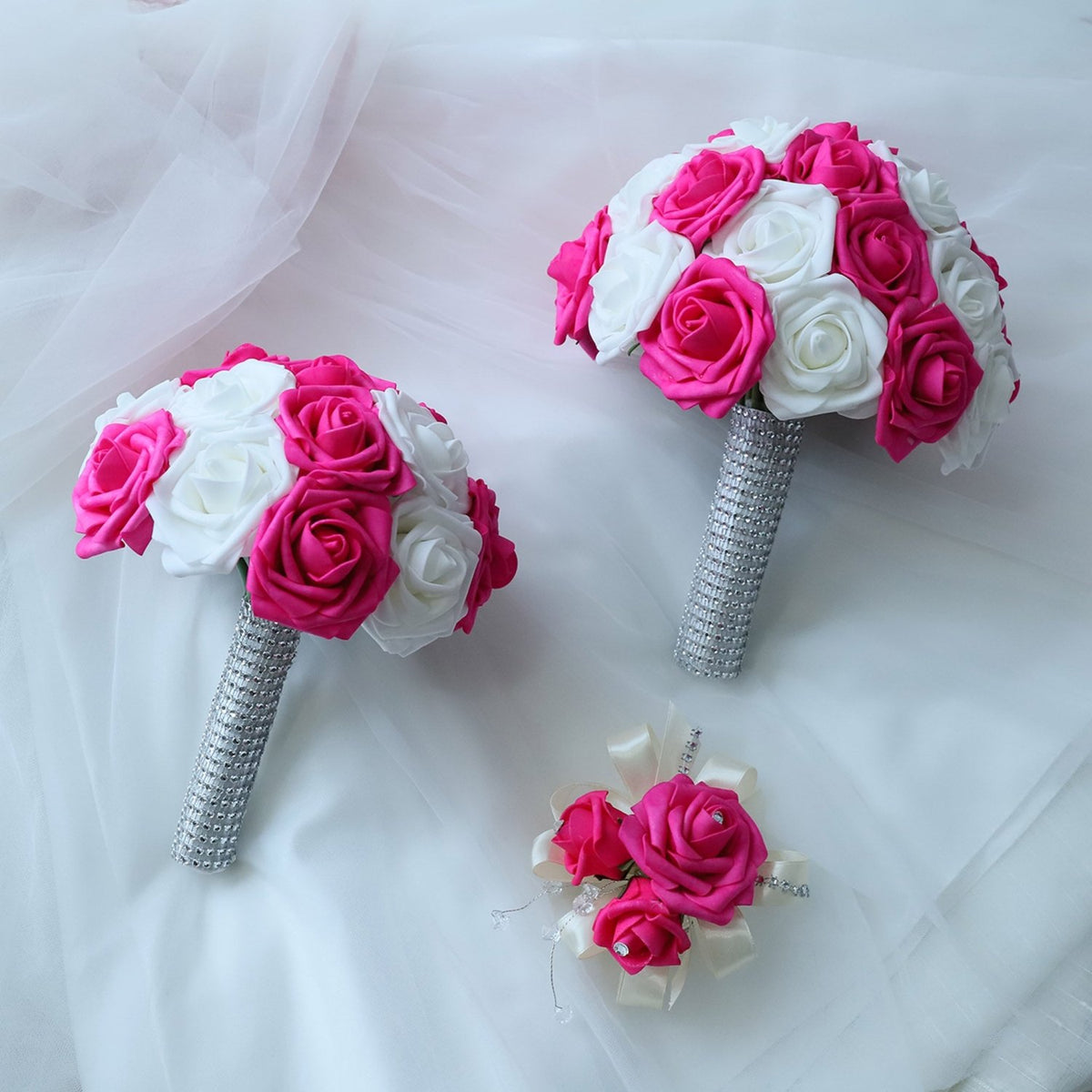 Hot Pink White Rose Wedding Bouquet Set - VANRINA