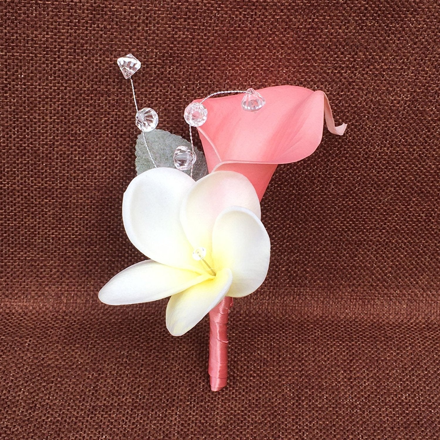 Peach Coral Calla Lily Plumerias Boutonniere - VANRINA