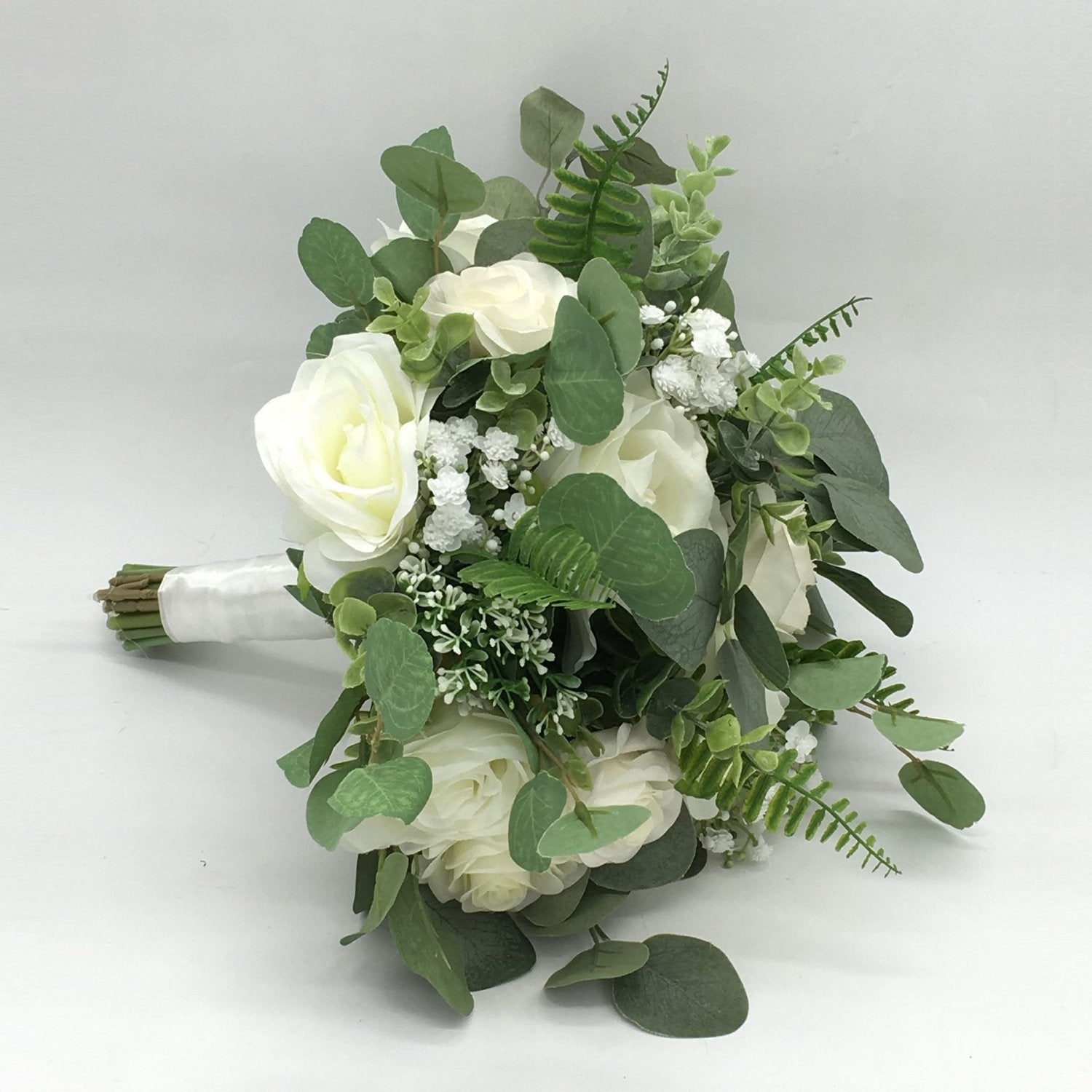 Rustic Bridal Bouquet Faux Greenery Eucalyptus Ivory Roses - VANRINA