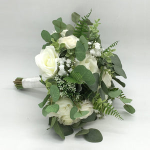 Rustic Bridal Bouquet Faux Greenery Eucalyptus Ivory Roses - VANRINA