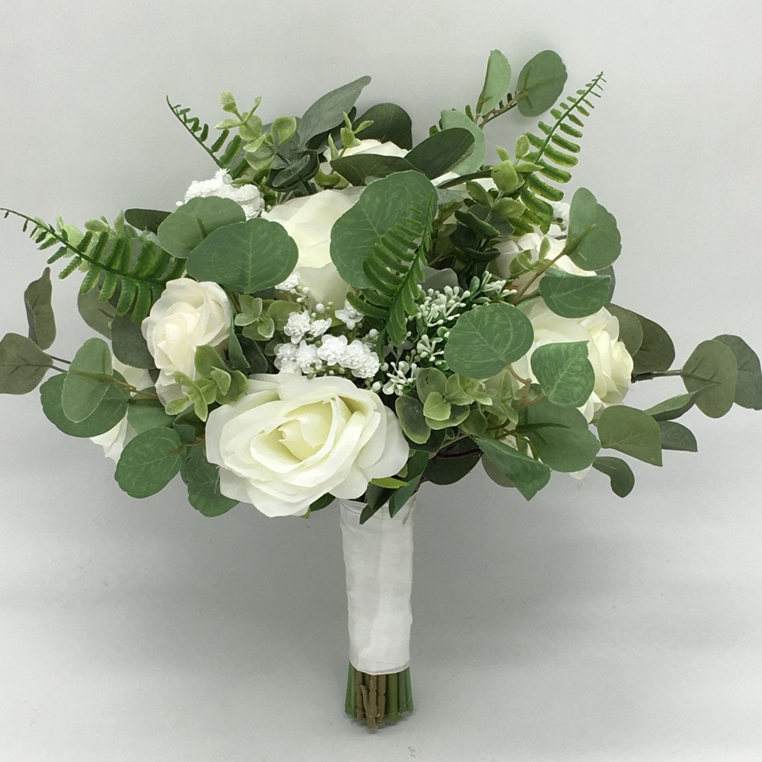 Rustic Bridal Bouquet Faux Greenery Eucalyptus Ivory Roses - VANRINA