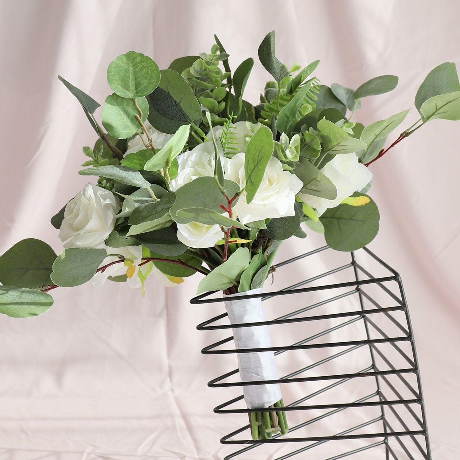 Rustic Bridal Bouquet Faux Greenery Eucalyptus Ivory Roses - VANRINA