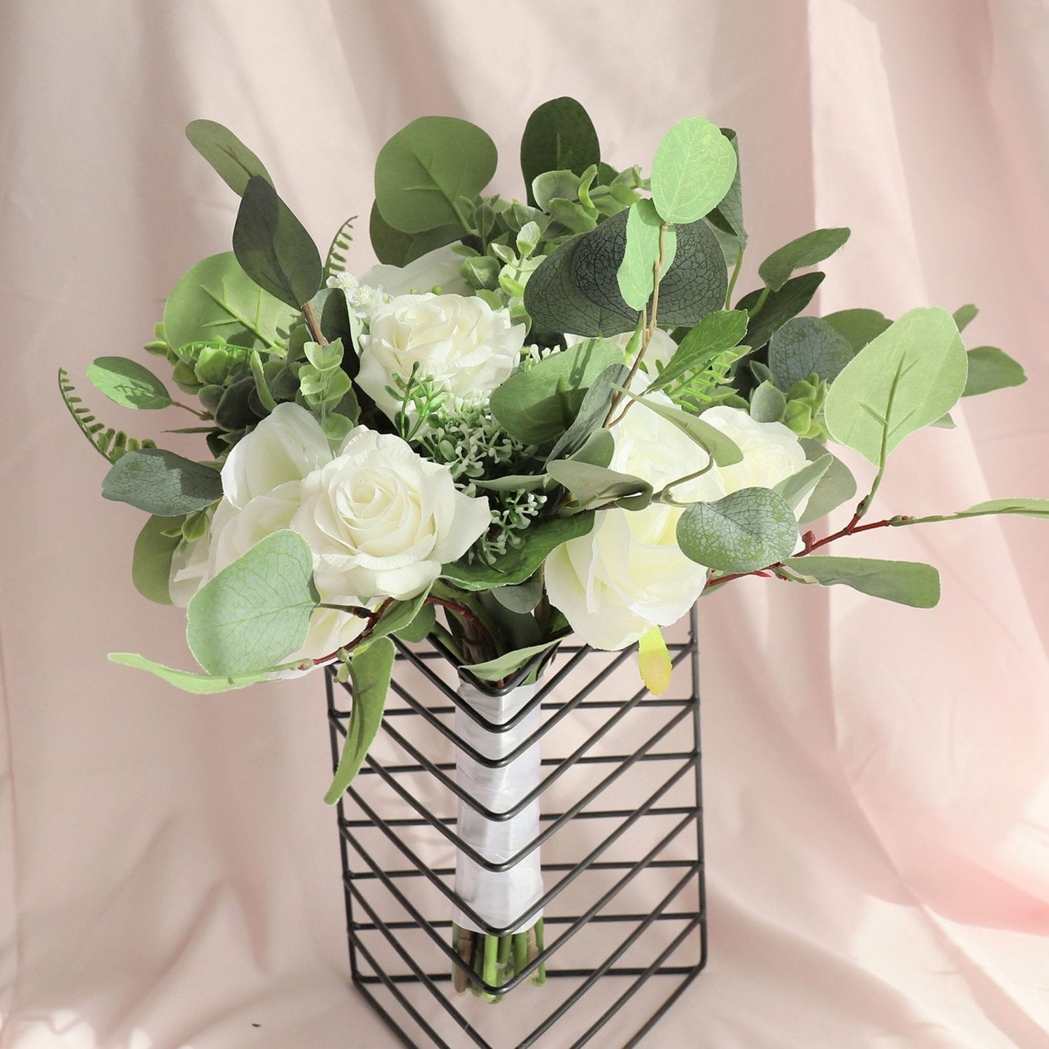 Rustic Bridal Bouquet Faux Greenery Eucalyptus Ivory Roses - VANRINA