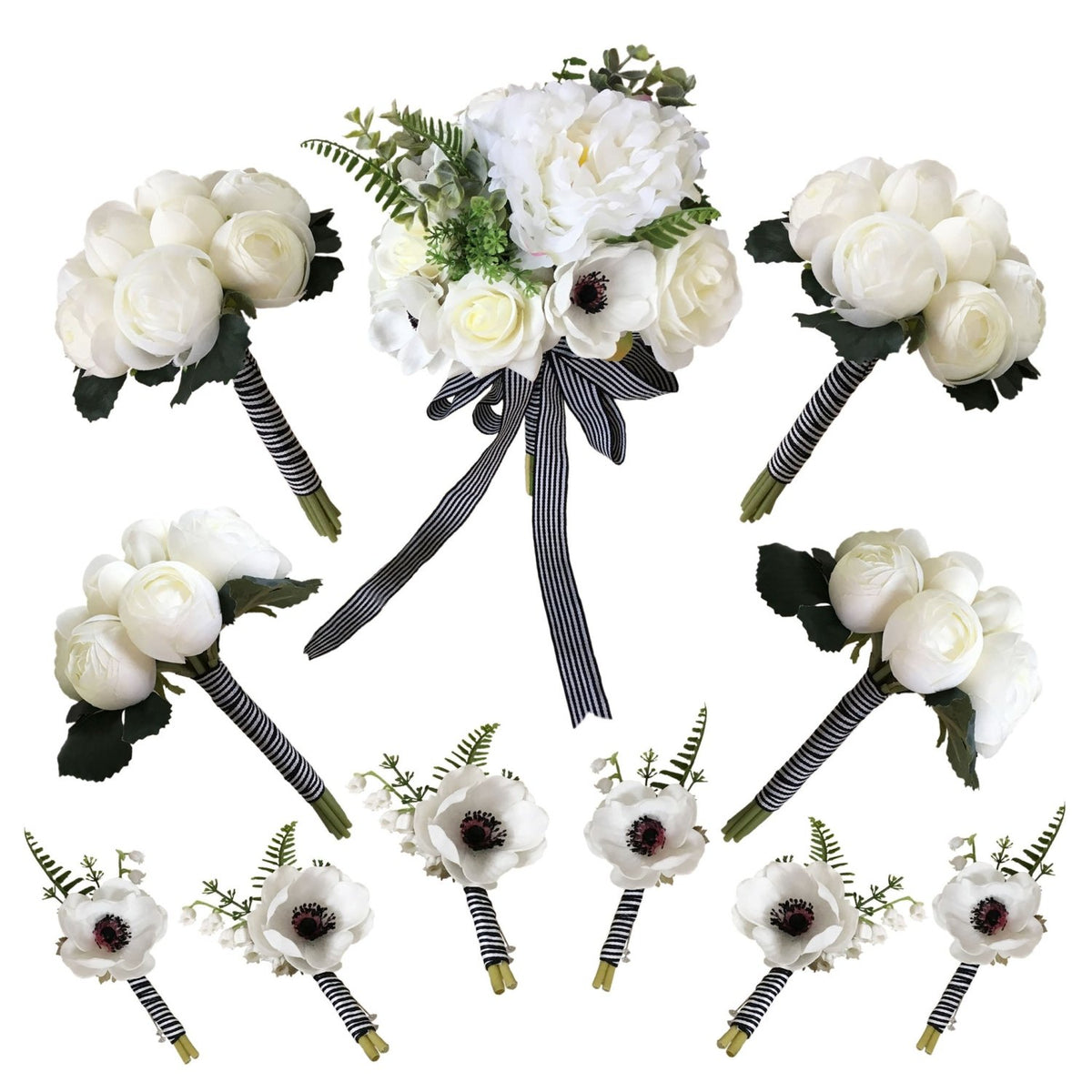 Rustic Peony Bouquet White Anemones Boutonniere Silk Flower Bouquet - VANRINA
