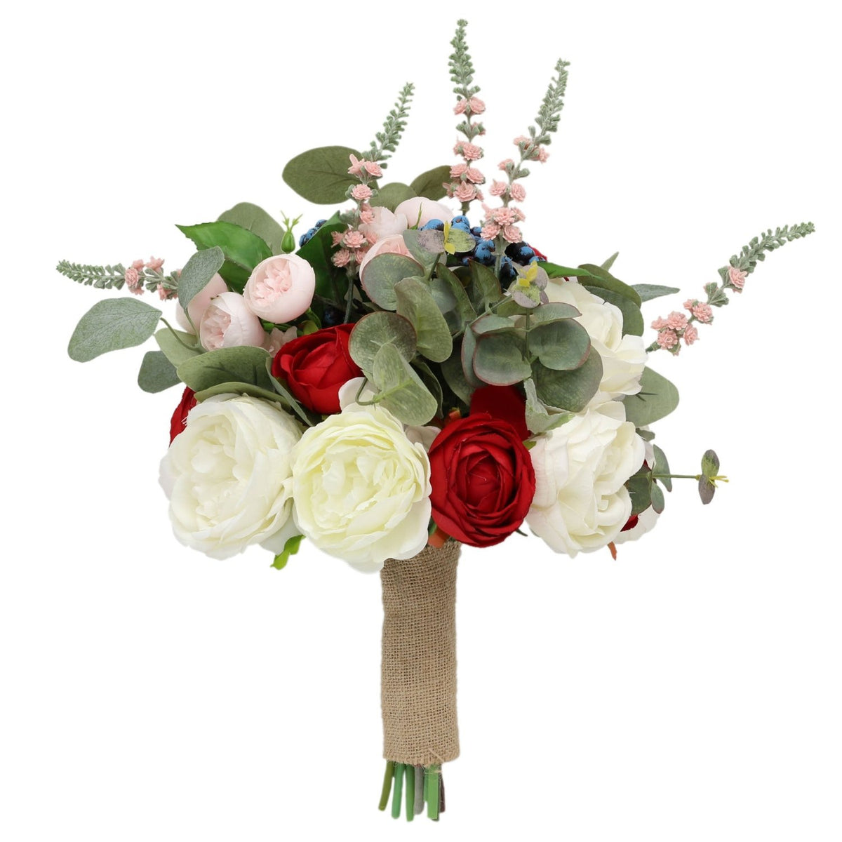 Rustic Wedding Bouquet Red White Roses Peony Artificial Bridal Bouquet - VANRINA