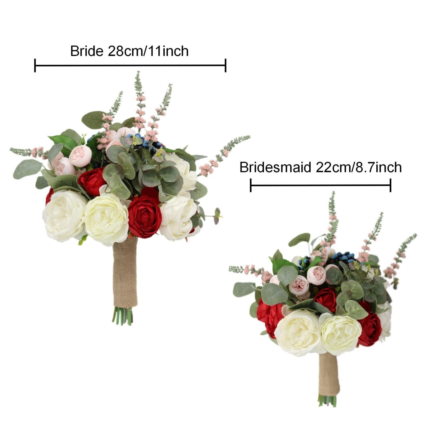 Rustic Wedding Bouquet Red White Roses Peony Artificial Bridal Bouquet - VANRINA