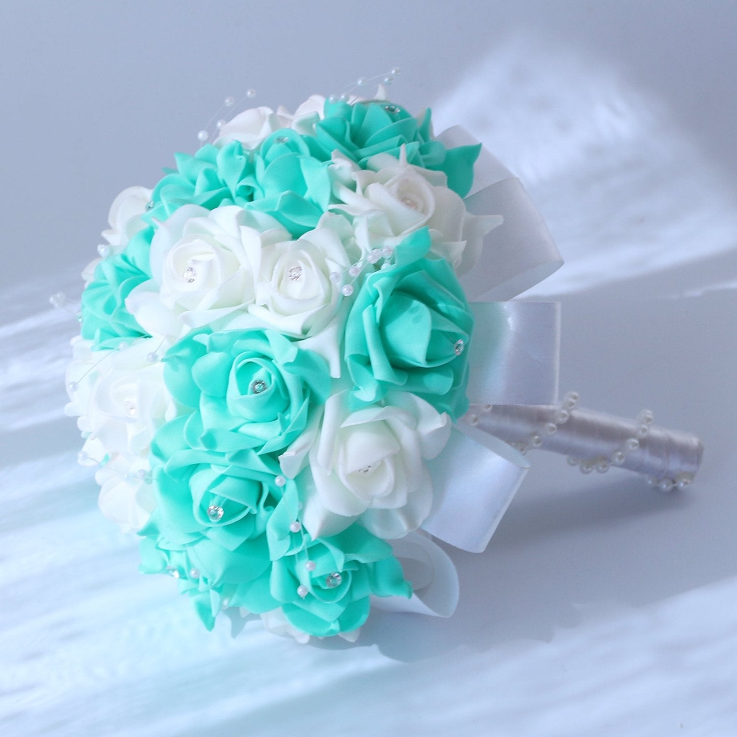 Spa Blue and White Flower Bridal Bouquet - VANRINA