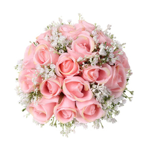 Spring Rustic Wedding Bouquet Silk Roses Pink Babysbreath Bouquet - VANRINA