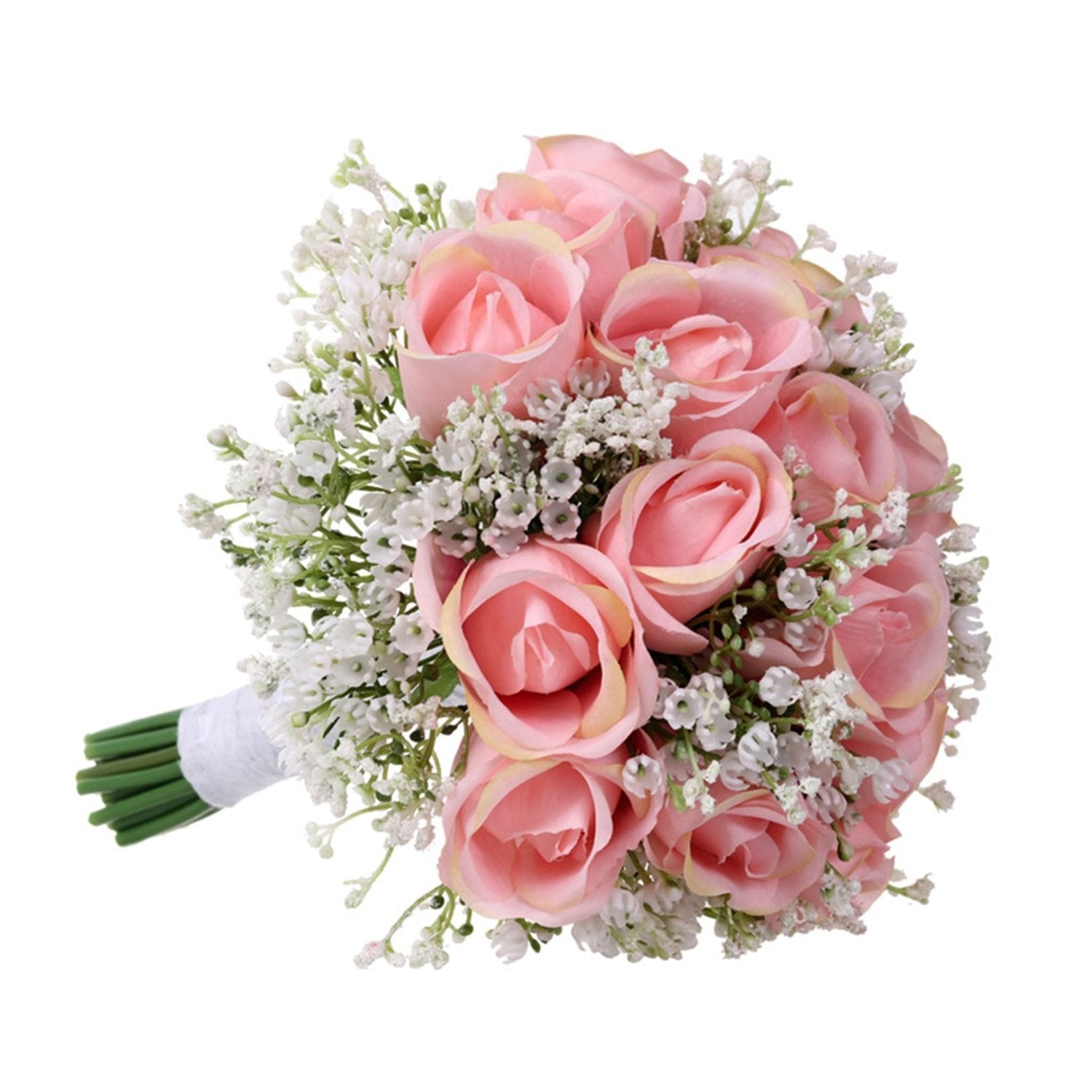 Spring Rustic Wedding Bouquet Silk Roses Pink Babysbreath Bouquet - VANRINA