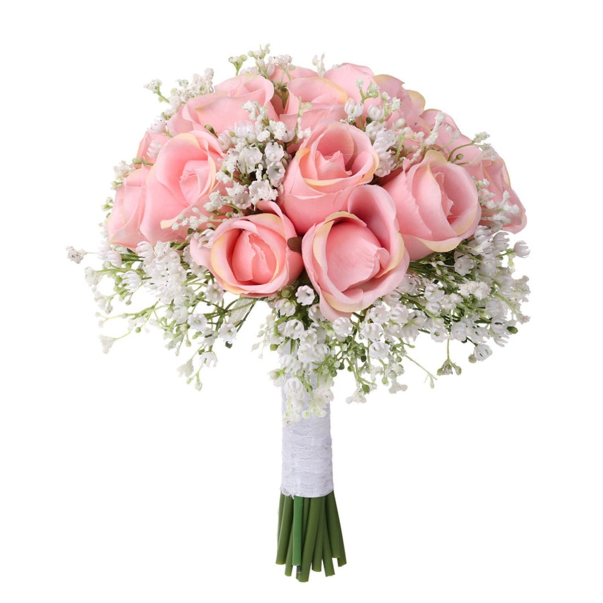 Spring Rustic Wedding Bouquet Silk Roses Pink Babysbreath Bouquet - VANRINA