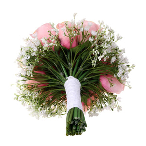 Spring Rustic Wedding Bouquet Silk Roses Pink Babysbreath Bouquet - VANRINA