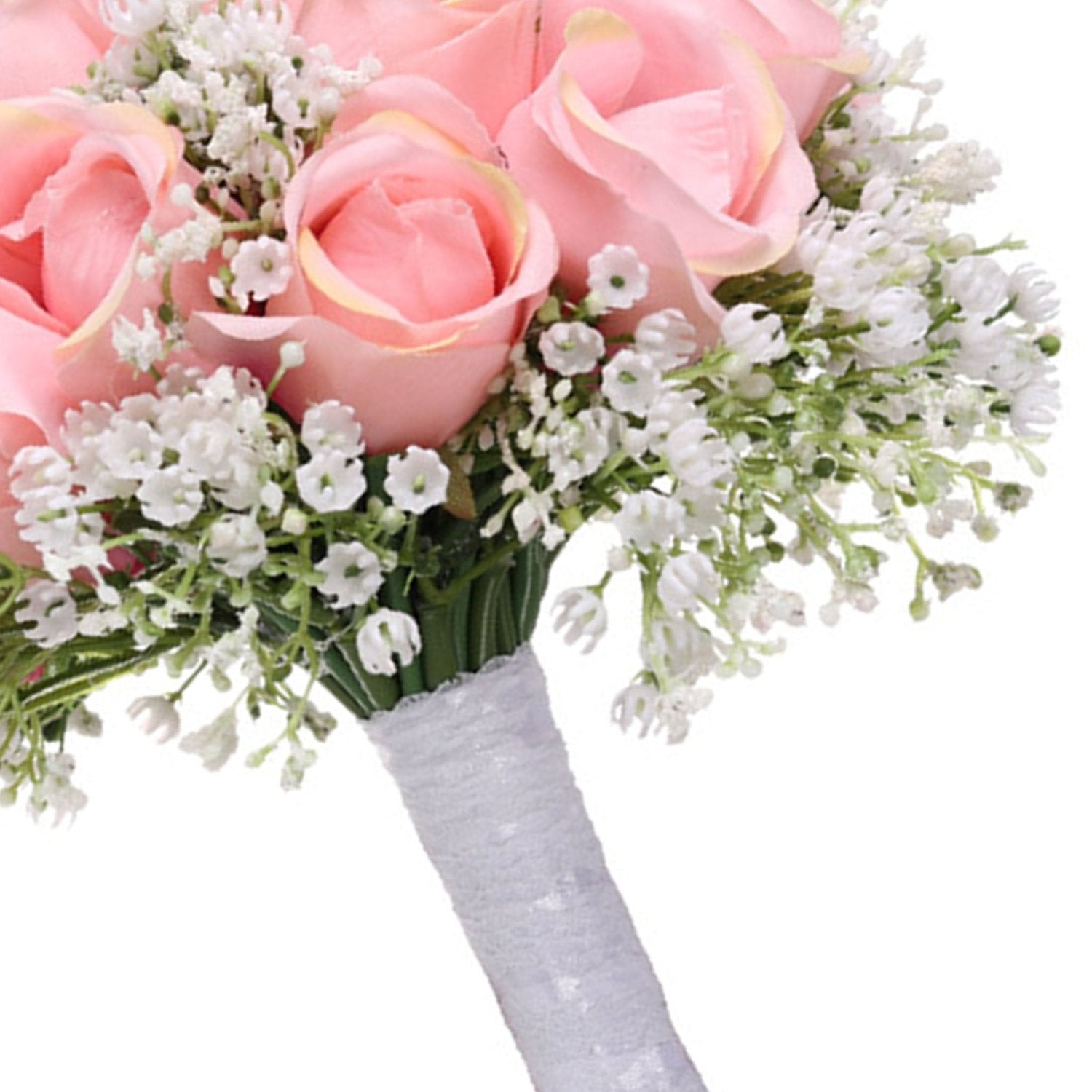 Spring Rustic Wedding Bouquet Silk Roses Pink Babysbreath Bouquet - VANRINA