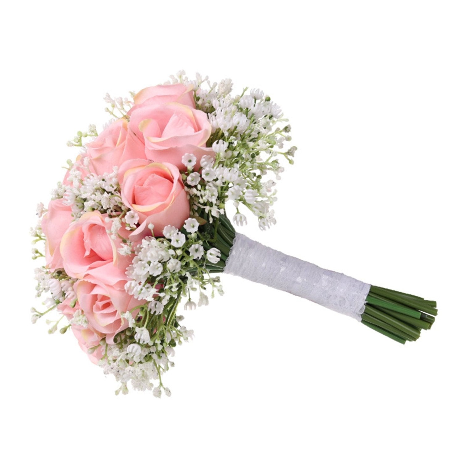 Spring Rustic Wedding Bouquet Silk Roses Pink Babysbreath Bouquet - VANRINA