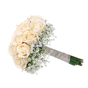 Spring Wedding Bouquet Champagne Silk Roses Babysbreath Bouquet - VANRINA
