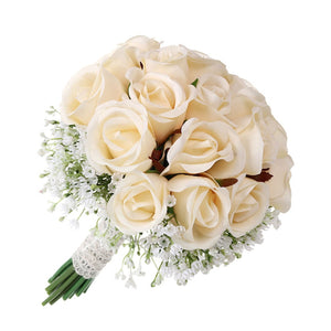 Spring Wedding Bouquet Champagne Silk Roses Babysbreath Bouquet - VANRINA