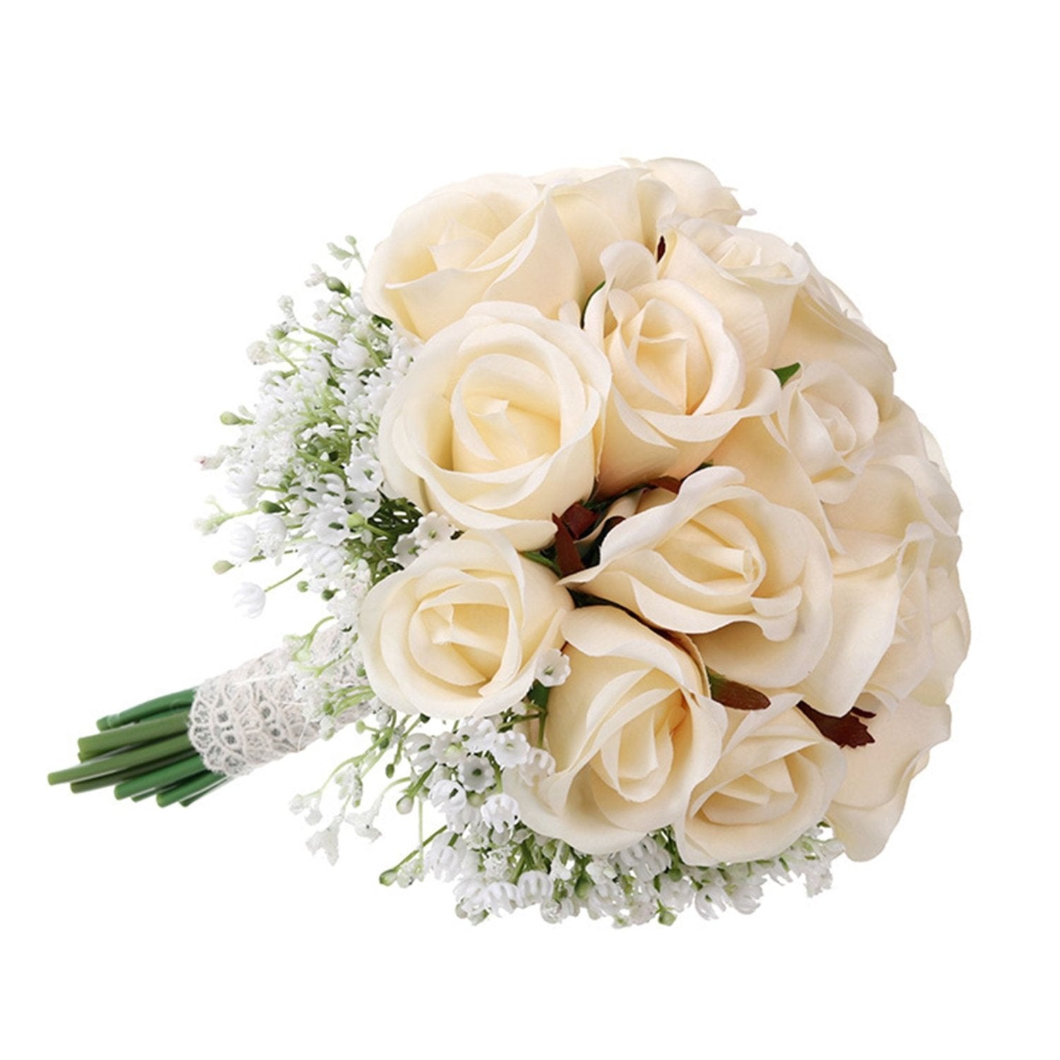 Spring Wedding Bouquet Champagne Silk Roses Babysbreath Bouquet - VANRINA