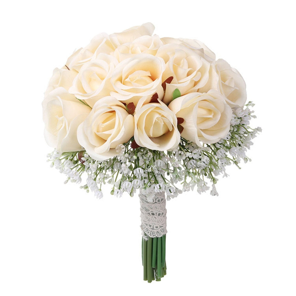 Spring Wedding Bouquet Champagne Silk Roses Babysbreath Bouquet - VANRINA