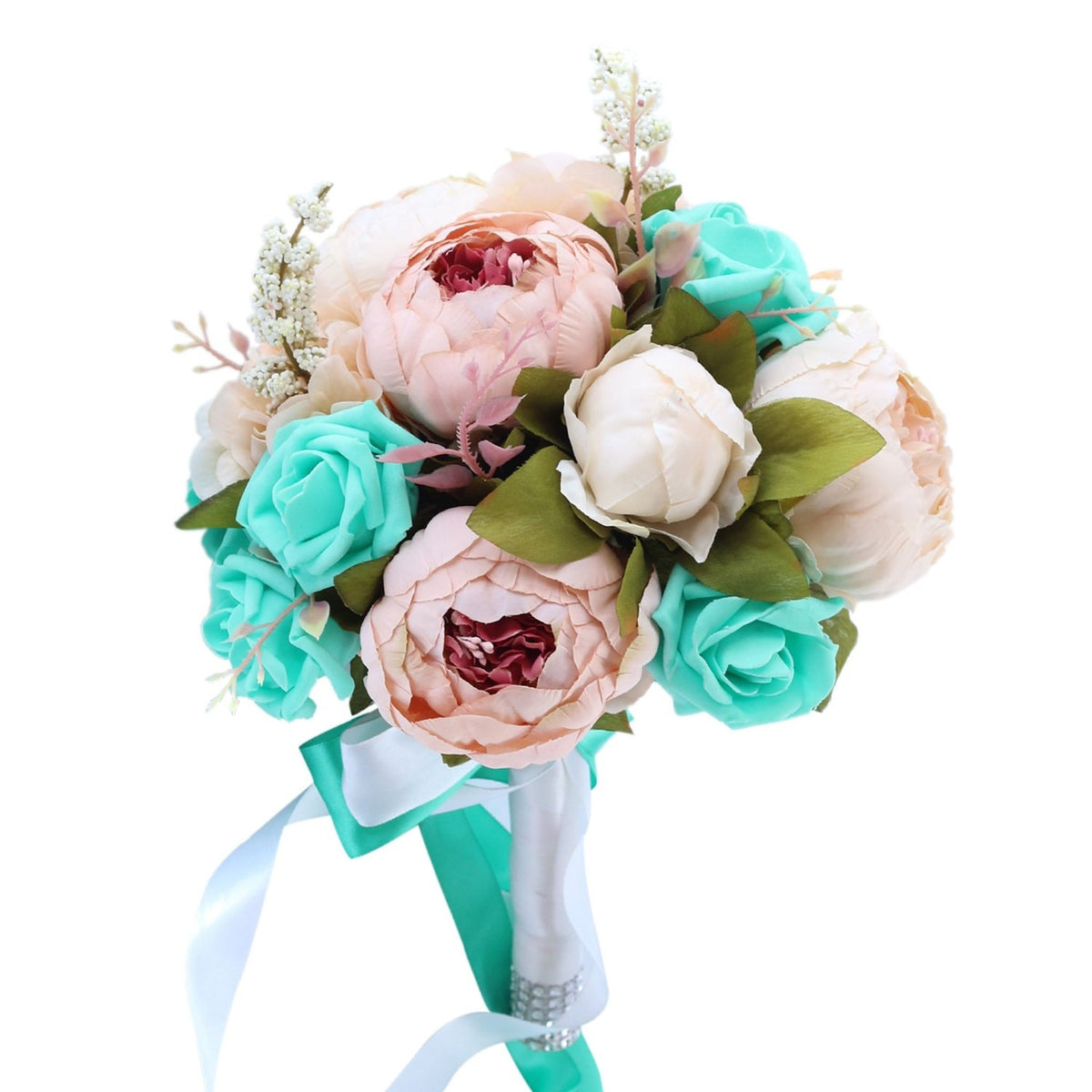 Turquoise Rose Blush Peony Bridal Bouquet - VANRINA