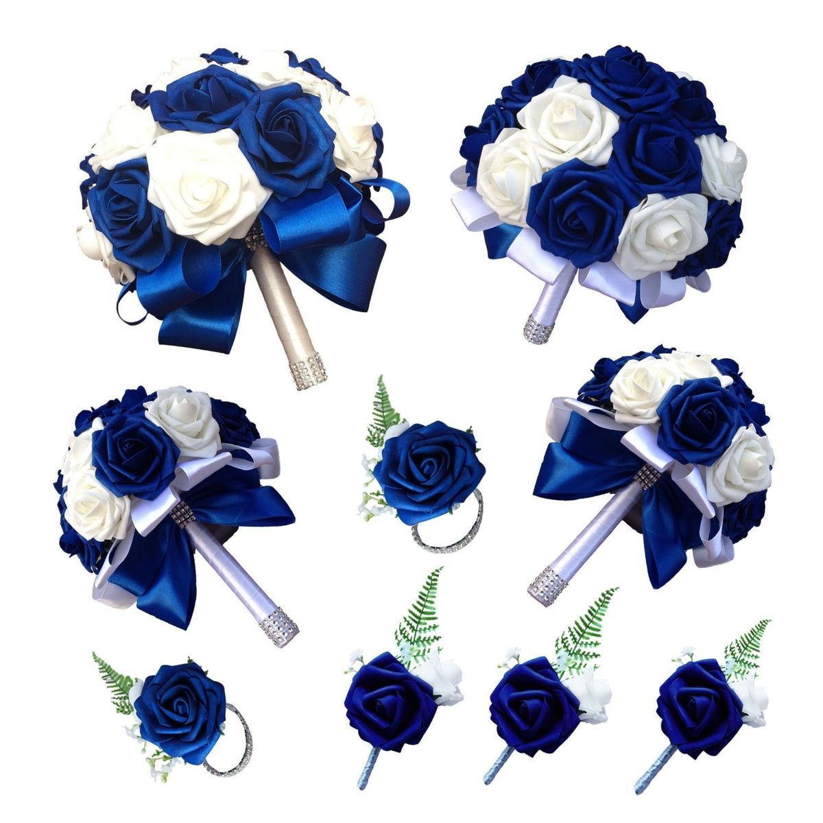 White and Royal Blue Wedding Bouquet for Bridal Bridesmaids - VANRINA