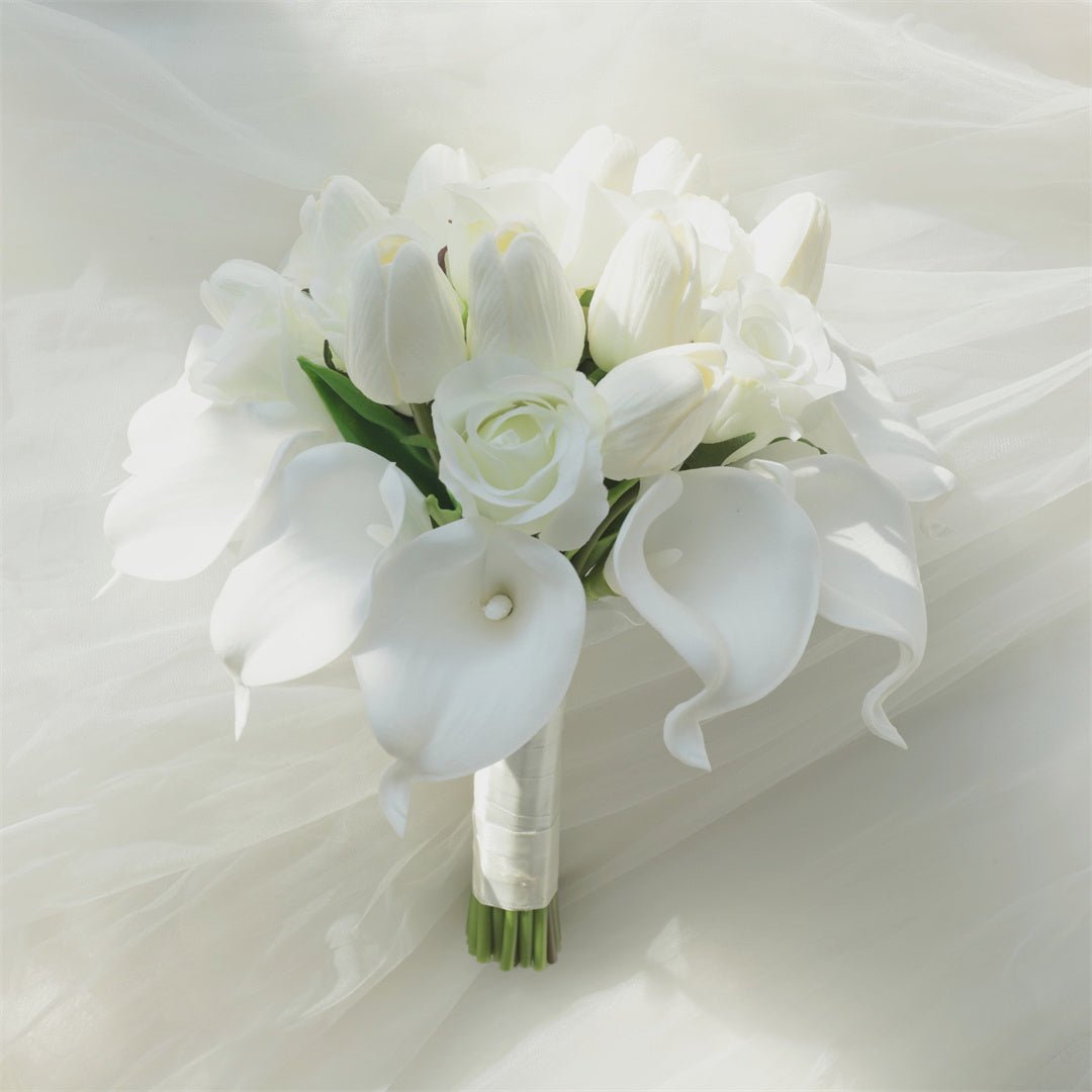 White Bridal Bouquet Bridesmaids Boutonniere Corsage - VANRINA