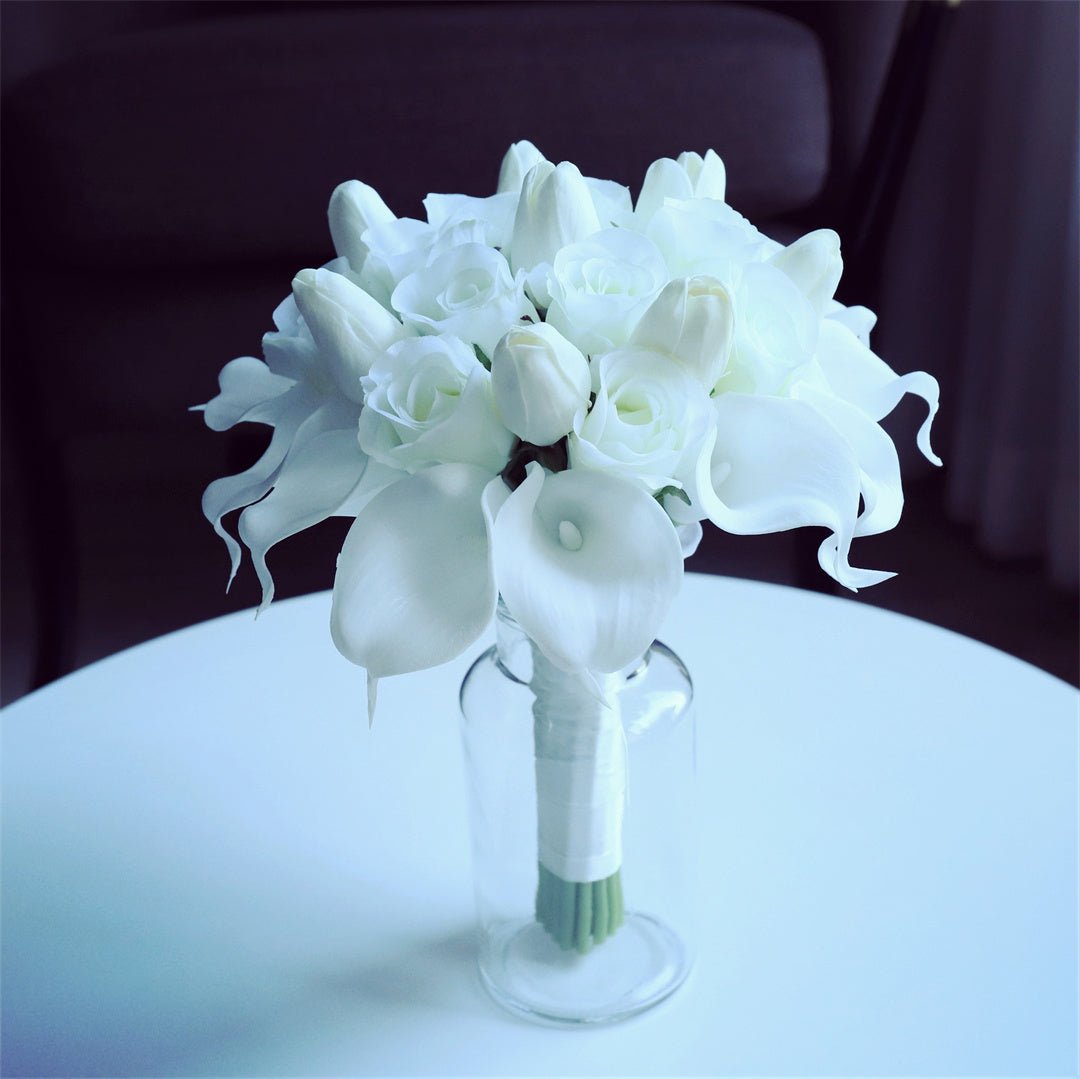 White Bridal Bouquet Bridesmaids Boutonniere Corsage - VANRINA