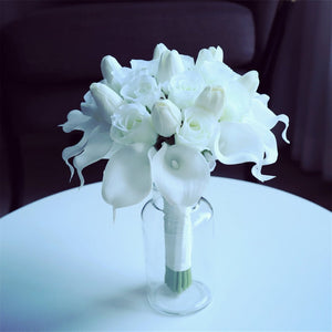 White Bridal Bouquet Bridesmaids Boutonniere Corsage - VANRINA