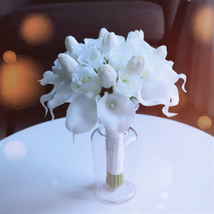 White Bridal Bouquet Bridesmaids Boutonniere Corsage - VANRINA