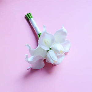White Bridal Bouquet Bridesmaids Boutonniere Corsage - VANRINA