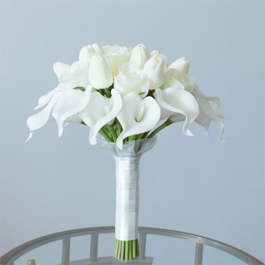 White Bridal Bouquet Bridesmaids Boutonniere Corsage - VANRINA