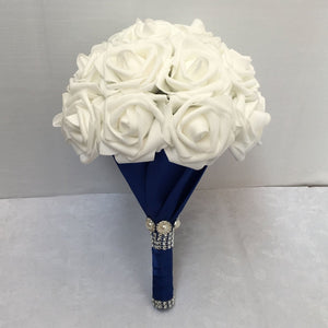 White Rose Bridal Bouquet with Royal Blue Ribbon - VANRINA
