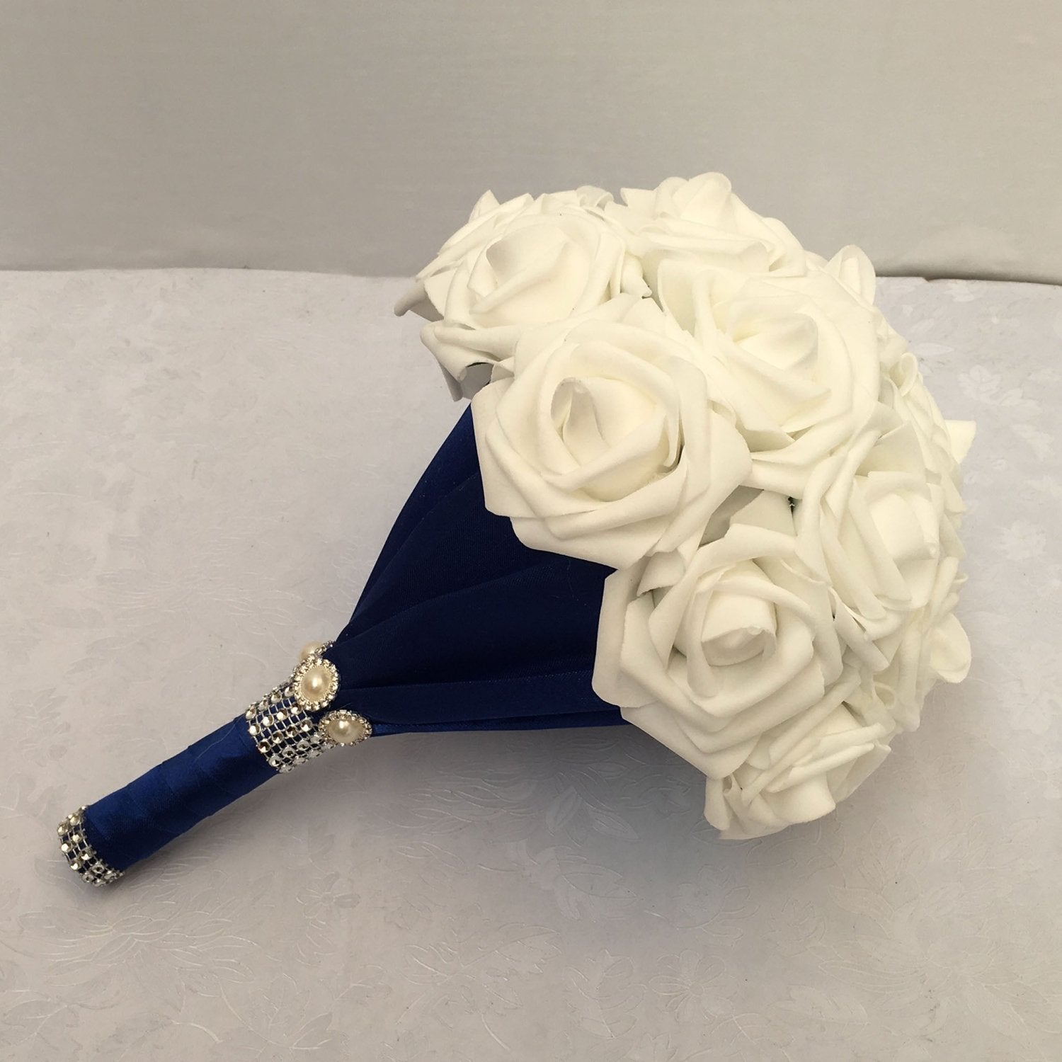 White Rose Bridal Bouquet with Royal Blue Ribbon - VANRINA