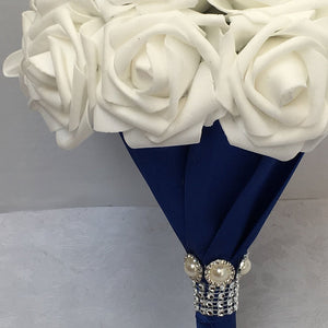 White Rose Bridal Bouquet with Royal Blue Ribbon - VANRINA