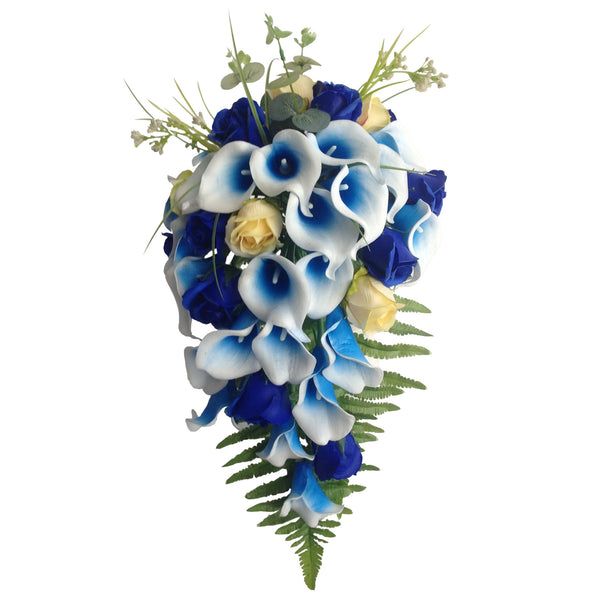 white calla lily and blue rose bouquet Royal Blue Calla Lily and Rose Cascade Wedding Bouquet