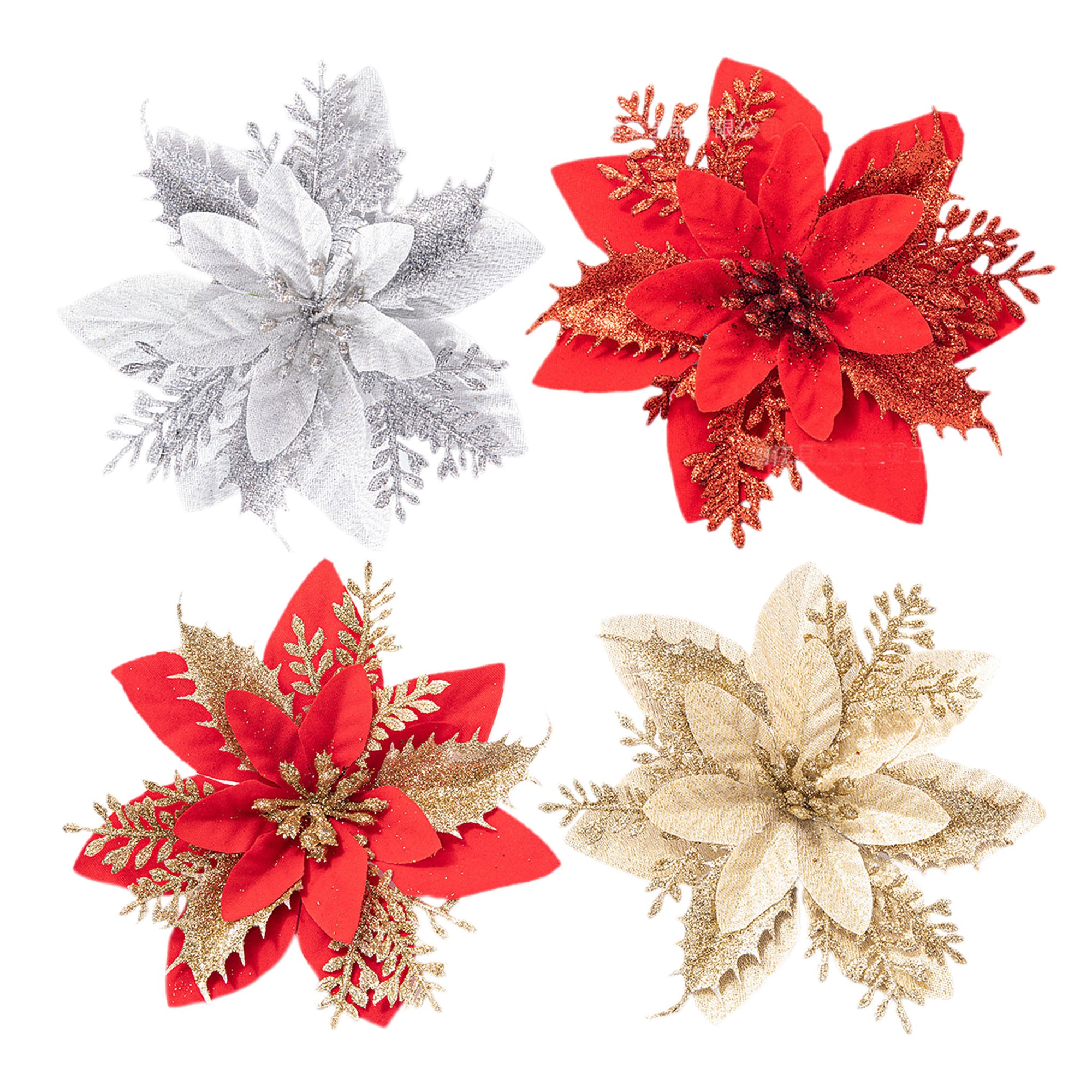Christmas Flowers Artificial Poinsettia Glitter Decorations Xmas Tree Ornaments