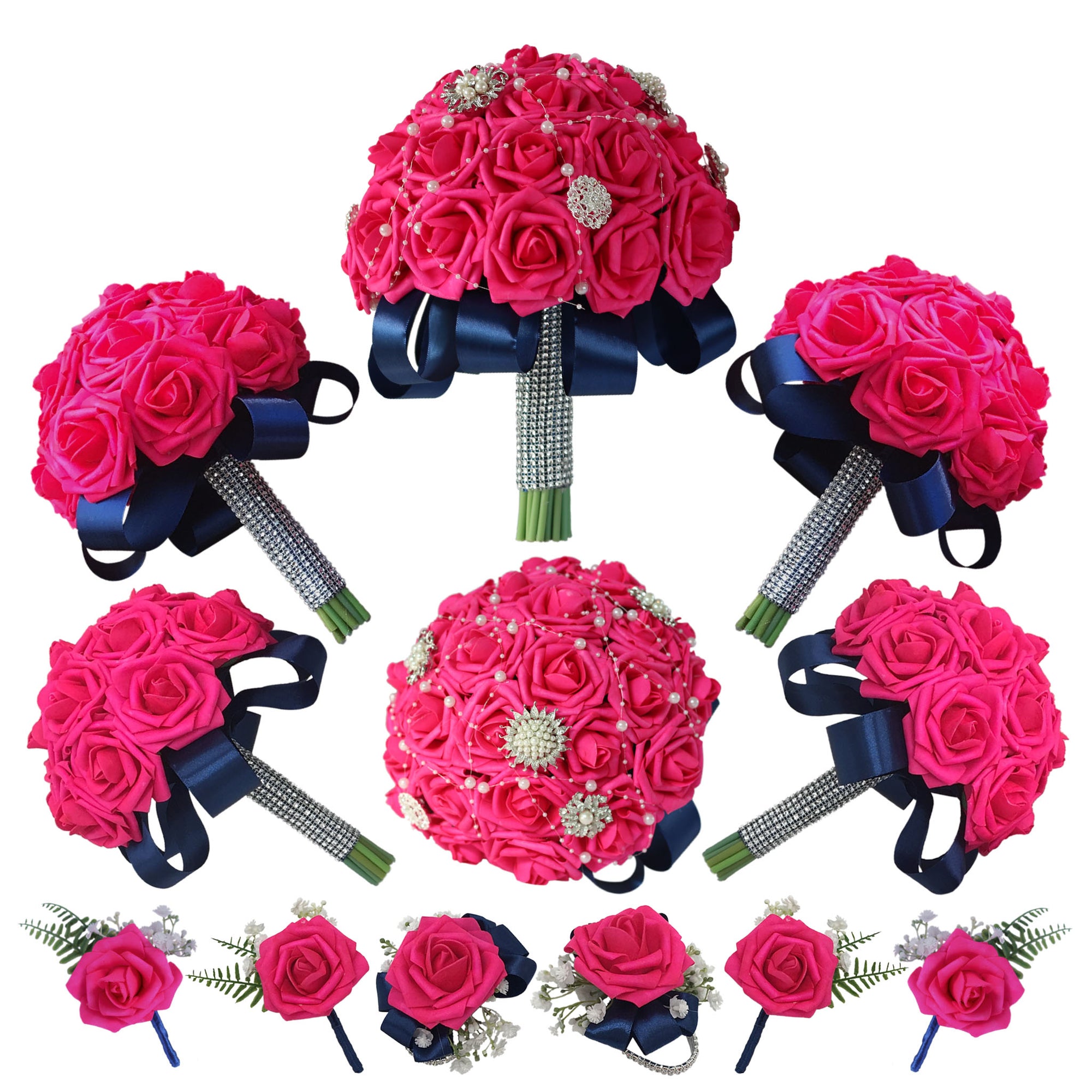 Bridal Hot Pink Bouquets Sets Corsages and Boutonnieres